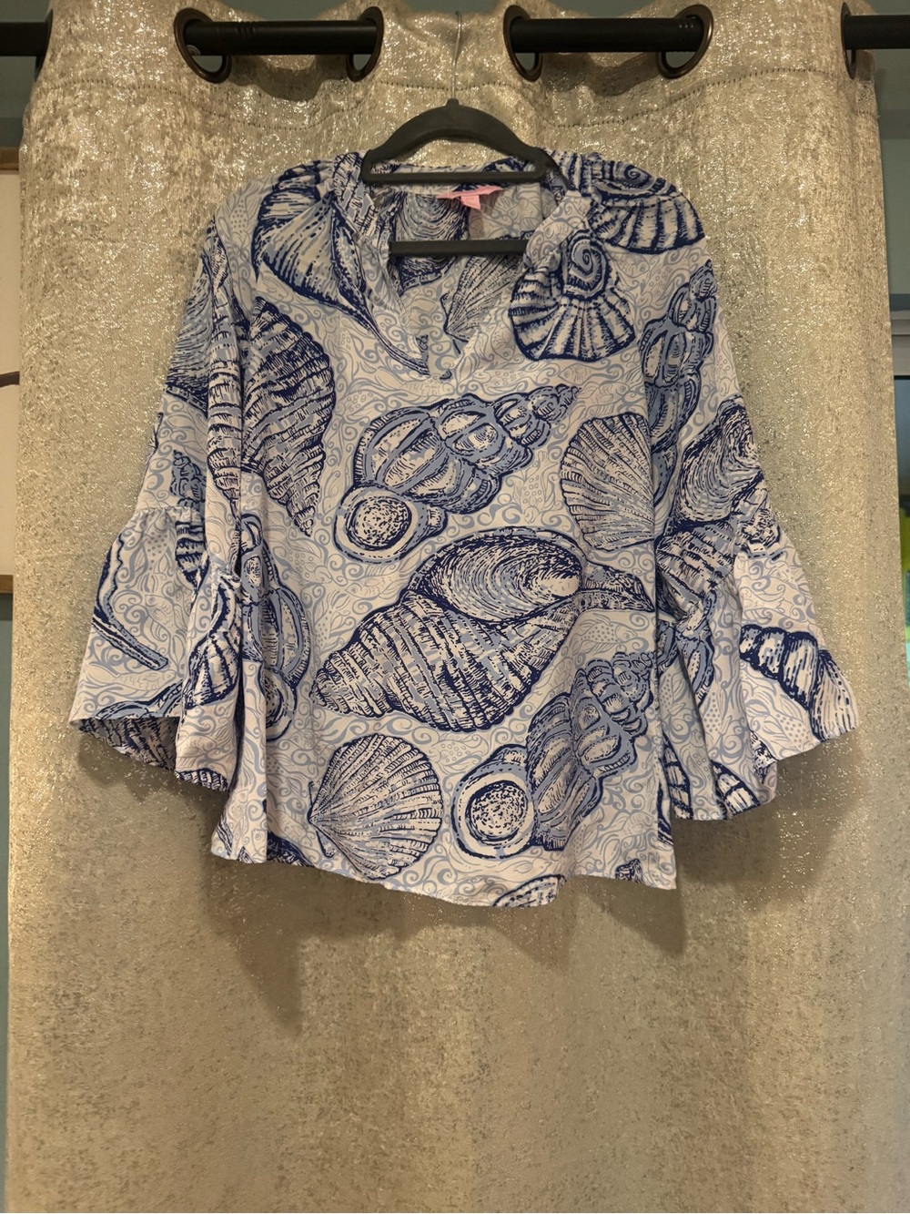 Lilly Pulitzer XXS Blue White Seashell Print Bell Sleeve Blouse